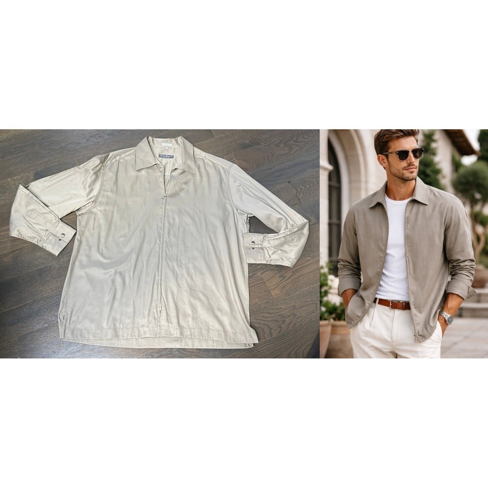 Salvatore Ferragamo Gancini Zip Cotton Shirt Jacket Taupe XXL Preppy Luxury